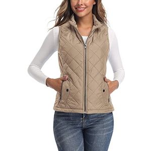 LONGKING Dames outwear vest - opstaande kraag lichtgewicht rits gewatteerd vest voor vrouwen, Khaki, M