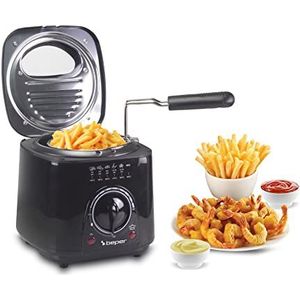 Beper P101FRI100 Elektrische friteuse, 1 L, 950 W, uitneembare stalen mand, deksel met patrijspoort, wasbaar verwijderbaar filter, instelbare temperatuur, antislipvoetjes, zwart
