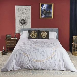 BELUM | Harry Potter dekbedovertrek, 100% katoen, Zweinstein, grijs, dekbedovertrek met knopen (180 x 220 cm)