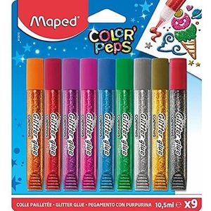 Maped Color'Peps Glitterlijm voor kinderen, glanseffect, eenvoudig te gebruiken, met dunne punt, 9 tubes van 10,5 ml, verschillende kleuren