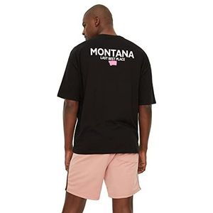 Trendyol Heren zwarte mannen oversized ronde kraag korte mouwen print T-shirt, zwart, medium