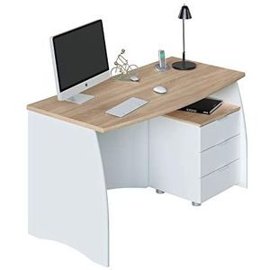 Homey Bureau of kantoor, model Mirta, hout, wit en eiken, 136 cm (L) x 74 cm (H) x 67 cm (D)