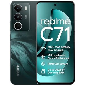 realme C71 5G Smartphone, 6 + 128 GB, 6000 mAh batterij, 45 W opladen, Octa-Core chipset, 50 MP AI-camera, 24 GB dynamisch RAM, 120 Hz display, schokbestendigheid, dagelijkse waterbestendigheid