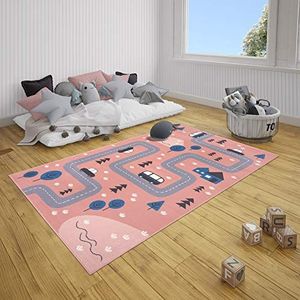 HANSE Home Dream Street tapijt voor de kinderkamer, kindertapijt, voor jongens en meisjes, laagpolig tapijt, modern speelstraatmotief, zachte pool, onderhoudsvriendelijk - roze, 80 x 150 cm