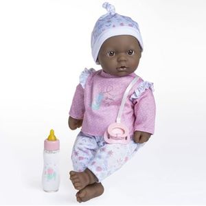 JC Toys - De Afro-Amerikaanse babypop van 40 cm heeft een zacht en wasbaar lichaam, magische fles en fopspeen, roze, bloemenpatroon, ontworpen in Spanje, 12 maanden