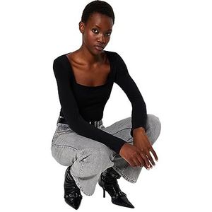 Trendyol - Getailleerde Blouse - Zwart - Katoen - Met Vierkante Hals En Stretch
