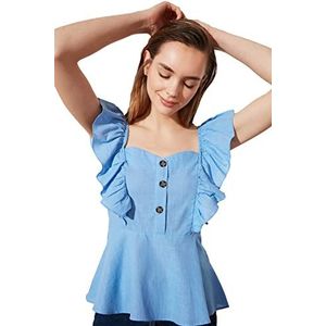 Trendyol Dames Blauwe Knop Gedetailleerde Handgrepen Frilly Weaving Blouse, 36