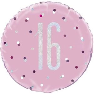Unique Party 83368 Roze verpakte ronde Mylar ballon-18 zilver | 1 st, leeftijd 16