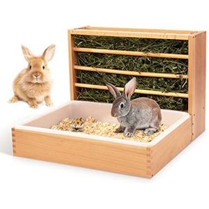 2-in-1 grote konijnenhooivoeder met kattenbak, veilige houten haasvoederbak, hooihouderrek, toilet voor konijnen, cavia, hamster, kleine dieren, vermindert hooi