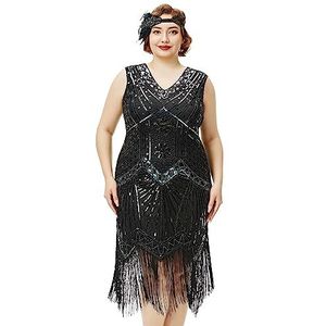 BABEYOND Grote maten, flapper jurken, jaren 1920 V-hals, kralen, franjes, Great Gatsby-jurk, 3XL