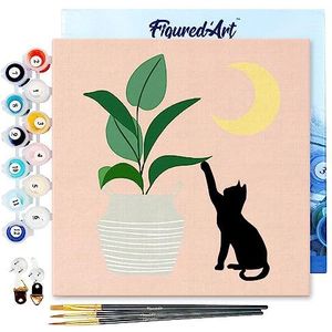 Figured'Art Mini Schilderen op Nummer Volwassenen 20x20cm met lijst Kitten en planten in het maanlicht - Klein Formaat Creatieve Hobby Kit DIY Art Nummer Compleet