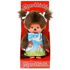 Sekiguchi 243891 - origineel Monchhichi meisje, pluche figuur met ooievaarsjurk en vlechten met strikken, ca. 20 cm groot knuffeldier van bruin pluche