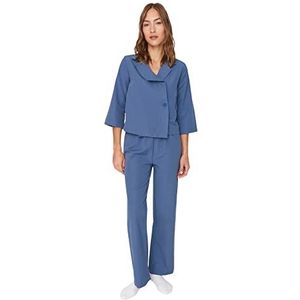 Trendyol Dames effen midden geweven overhemd-broek pyjama set, Donkerblauw, 60