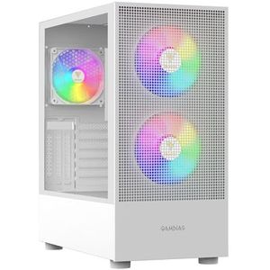 GAMDIAS TALOS PC-hoes, EATX Gaming Mid Tower, pre-installatie 3 PWM ARGB-ventilator, zijpaneel van gehard glas, Airflow Mesh, ondersteuning Dual 360 & Type-C, wit