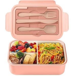 Diboniur Lunchbox broodtrommel met vakken, bestek voor kinderen en volwassenen, 1400 ml, bento box, werk, magnetronbestendig (roze)