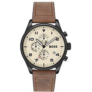 BOSS Chronograaf Quartz Horloge voor Mannen met Bruine Lederen Band - 1513990, Beige, riem