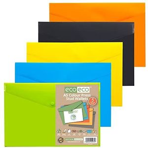 eco-eco A5 50% gerecycleerde diverse kleuren drukknop popper portemonnee, plastic mappen (Pack van 5), geel, groen, blauw, oranje, zwart