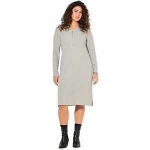 Ulla Popken Dames grote maten grote maten plus size ribjersey midi-jurk met ritssluiting, A-lijn, V-hals, lange mouwen, Lichtgrijs Mélang, 42/44 NL