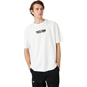 Koton Oversized T-shirt voor heren, slogan bedrukt, ronde hals, korte mouwen, gebroken wit (001), XL