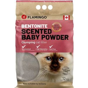 Flamingo kattenbakvulling - premium uit Canada - Babypoeder parfum - Fijne korrels - 12 KG voor 10 WEKEN - Neutraal aroma - Super absorberend - Ook voor Kittens