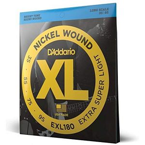 D'Addario Basgitaar Snaren - XL Nickel Bass Snaren - EXL180 - Perfect intonatie, consistent gevoel, krachtige duurzaamheid - voor 4-snarige basgitaren - 35-95 extra superlicht, lange schaal