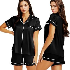 LONXU Dames zijden satijnen pyjama set nachtkleding loungewear XS~3XL Plus_Gifts, Zwart, L