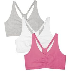 Fruit of the Loom womens Adjustable Shirred Front Racerback Sports Bra, Neon Pink Heather/White/Grey - 3-pack, 40 US