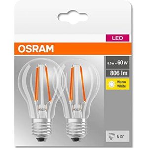 Osram LED Base Classic A lamp, in zuigervorm met E27-fitting, niet dimbaar, vervangt 60 watt, filamentstijl helder, warmwit - 2700 kelvin, verpakking van 2 stuks