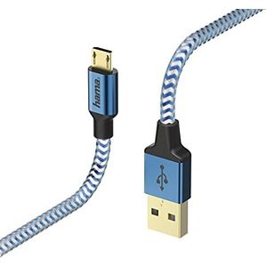 Hama Oplaadkabel en datakabel ""Reflective"" (USB-A stekker op micro-USB, USB 2.0, verguld, 480 MBit/s, 20 V, 3 A, kabellengte: 1,5 m) blauw