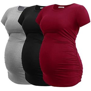Smallshow Zwangerschapskleding Tops Kant Ruches Zwangerschap Kleding voor Vrouwen 3-Pack, Zwart/Lichtgrijs/Wijn, L