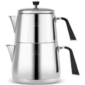 Karaca Fiona Zwarte Turkse theepotset, geschikt voor inductie, 1 liter theepot en 2 liter theeketel van roestvrij staal, vaatwasmachinebestendig, Turkse theepot, theemaker, Caydanlik, Demlik