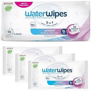 WaterWipes Sensitive+ Body & Intimate Wipes, Lichaams- en intieme doekjes, 90 stuks (3 verpakkingen) – 3-in-1 reinigt, verzorgt & beschermt met 99.9% water. Geurloze, hygiënische doekjes