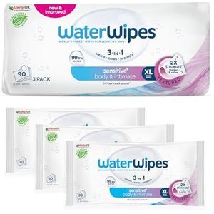 WaterWipes Sensitive+ Body & Intimate Wipes, Lichaams- en intieme doekjes, 90 stuks (3 verpakkingen) – 3-in-1 reinigt, verzorgt & beschermt met 99.9% water. Geurloze, hygiënische doekjes