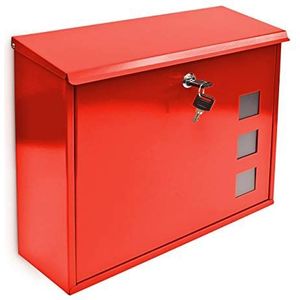 Relaxdays brievenbus met venster, 2 sleutels, montagemateriaal, 33 x 34,5 x 10,5 cm, metaal, wandbrievenbus, rood
