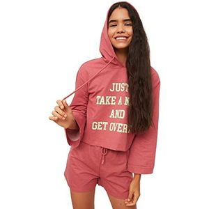 TRENDYOL Dames Slogan gebreide trui shorts pyjama pyjama set, kaneel, XL
