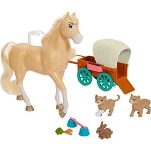 ​Spirit Chica Linda’s Koets met paard (ca. 20 cm), zachte manen en staart, activeringsfunctie, 3 dierfiguren, traktaties en accessoire voor paarden, geweldig cadeau voor kinderen vanaf 3 jaar​