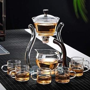 RORA Lazy Kungfu Glazen Theeset Semi Automatische Druppel Roterend met Infuser Glazen Theepot Set (6 Kopjes)