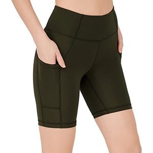 LOS OJOS Fietsbroek voor dames, korte hardloopbroek met zakken, hoog getailleerde biker, yoga- en hardloopshorts voor dames, kort, Kaki, XL