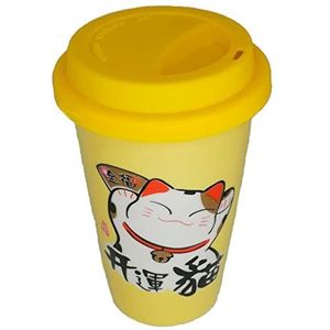 lachineuse - Mok kat Maneki Neko 300 ml met deksel - gele mok van porselein - originele Japanse mok voor thee en koffie - thermisch deksel - Japanse kat Kawaii Lucky Cat - mok cadeau-idee