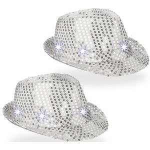 Relaxdays glitter hoed, set van 2, met 6 leds, 3 lichtstanden, pailletten, dames, heren, carnaval, cowboyfeest, zilver