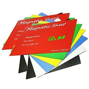TUKA-i-AKUT TKD9040 magneetfolie voor beschrijven en snijden, flexibele magneetbordfolie, magneetplaatjes, reclamemagneet, magnetische labelposter, set van 12 in 6 kleuren, 12 stuks