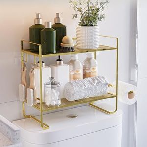Badkamerrek, toiletrek over het toilet, metalen toiletrek met 2 haken, 2 etages, badkamerorganizer, badkamermeubel voor aan de muur, ruimtebesparend, modern (goud) (45 x 16 x 36 cm)