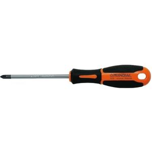 Schroevendraaier met kruisgreep, ergonomische handgreep van zacht bimmateriaal. Lemmet van chroom-vanadium-staal, zwarte punt.
