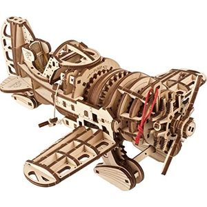 UGEARS vliegtuigmodel 3D-puzzels - Legendarisch race-gekke horzelvliegtuig uit de jaren 1930 met opwindbare spiraalveermotor - Houten vliegtuigmodelkits voor volwassenen om te bouwen