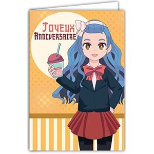 Afie 67-1238 Happy Birthday-kaart met envelop, Japanse manga comic super heldin uniform, milk shake smoothie ijs, gourmande voor meisjes en jongeren, oranje