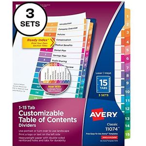 Avery 15 tabverdelers voor 3 ringmappen, aanpasbare inhoudsopgave, veelkleurige tabbladen, 3 sets (11074)