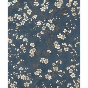 Rasch Behang 456738 - Blauw vliesbehang met kleine kersenbloesems in wit en beige - 10,05 m x 0,53 m (L x B)