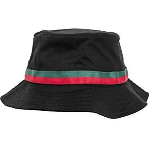 Yupoong Flexfit Stripe Bucket Hat uniseks vissershoed voor heren en dames, zwart/firered/green., Eén maat