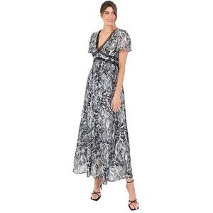 Lovedrobe Maxi-jurk voor dames, korte engelenmouwen, V-hals, dierenprint, Empire A-lijn, casual, bruiloft, gastgelegenheid, grijs, 26, Grijs, 52