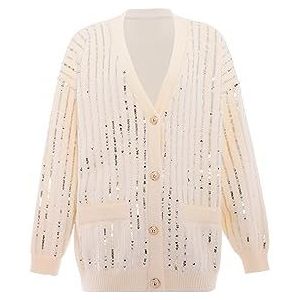 faina Dames gestreept gebreid vest met V-hals en pailletten WOLLWIT maat M/L, wolwit, XL